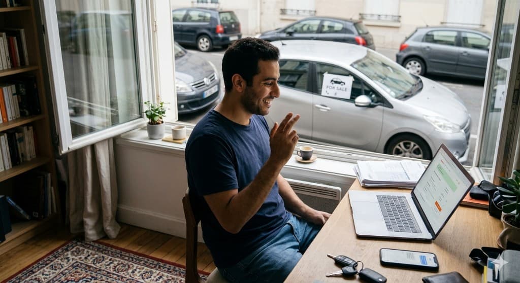 Utilisateur Lokio en visioconférence depuis son bureau, souriant devant son ordinateur