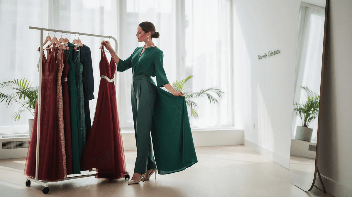 Une femme élégante se tient devant un portant rempli de robes longues colorées dans un showroom lumineux, choisissant avec soin sa tenue pour un événement spécial. Les différentes pièces reflètent une variété de styles, allant du classique au vintage, mettant en avant l'élégance et la personnalité de chaque modèle.