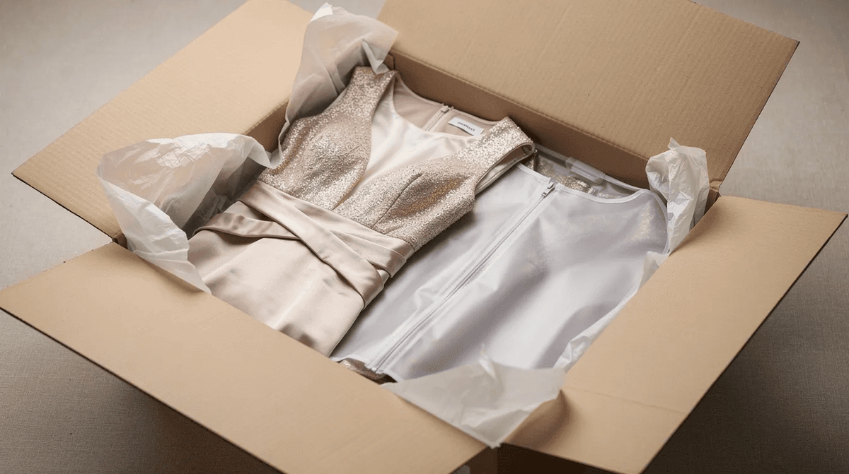 Un colis ouvert révèle une robe de soirée élégante soigneusement pliée dans du papier de soie, protégée par une housse. Cette pièce vintage évoque des rêves de célébration et d'événements mémorables.