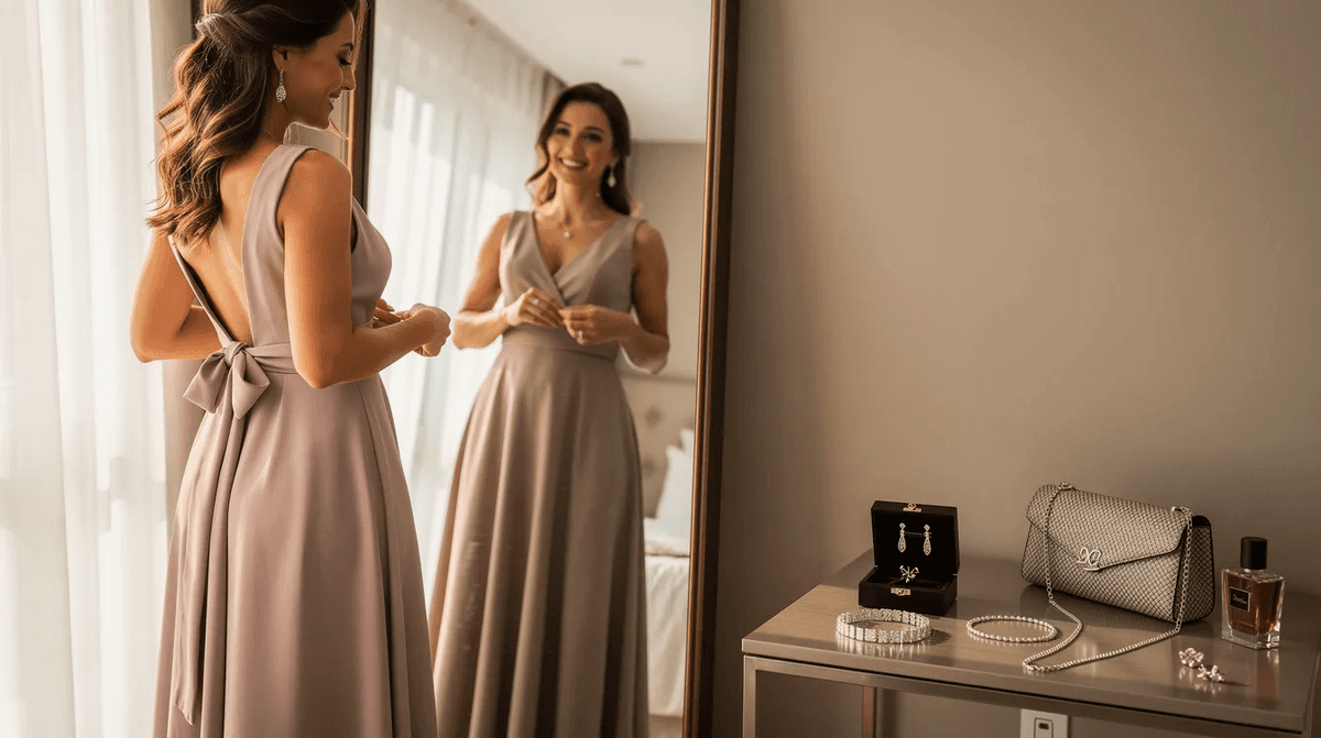 Une femme souriante se tient devant un miroir, ajustant une robe longue élégante, tandis que des accessoires soigneusement disposés sur une table à côté ajoutent une touche de sophistication à son look. Cette scène évoque une ambiance de préparation pour un évènement spécial, où l'élégance et la personnalité se rencontrent.