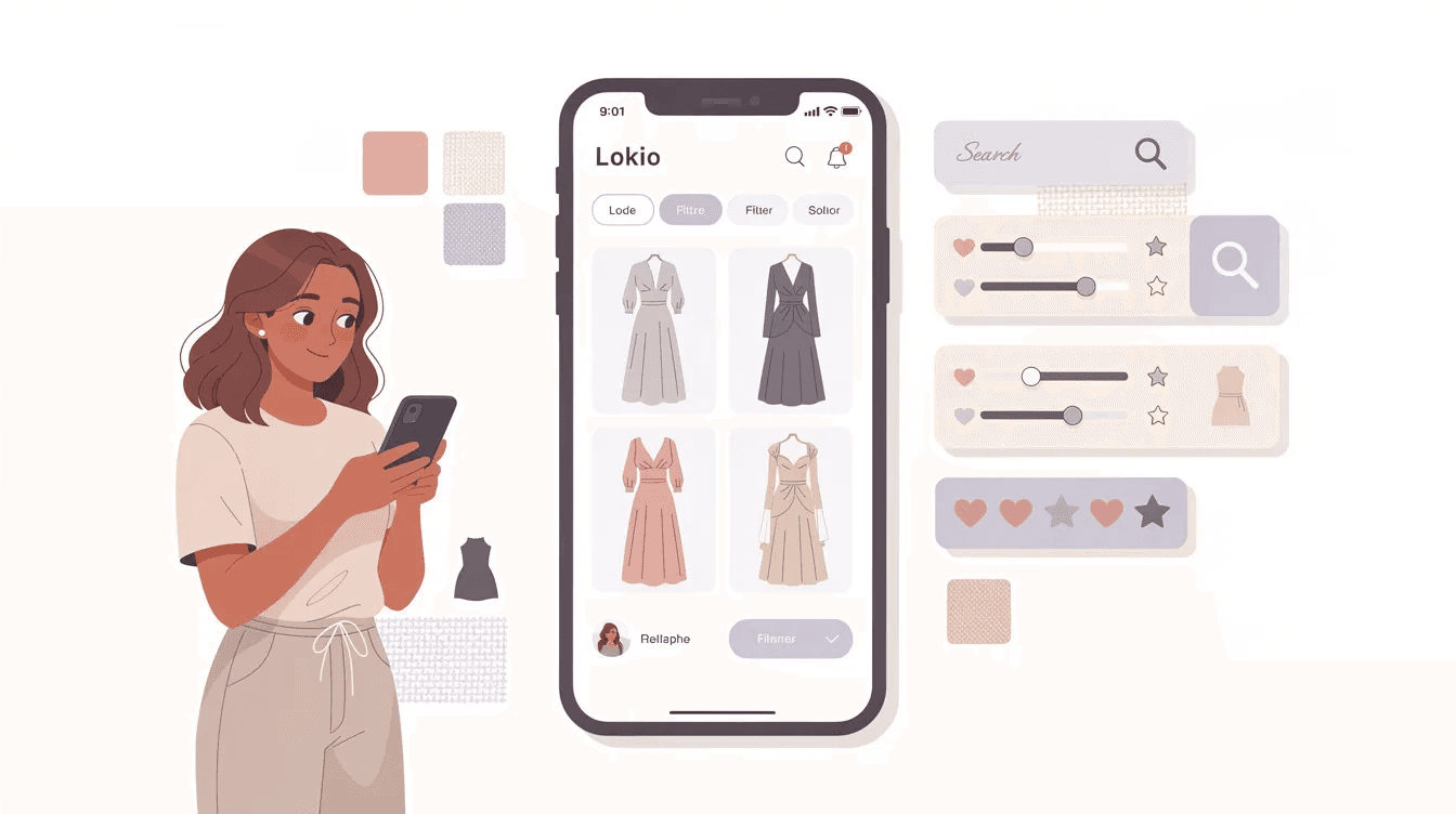 Femme utilisant une application mobile de location de robes sur smartphone