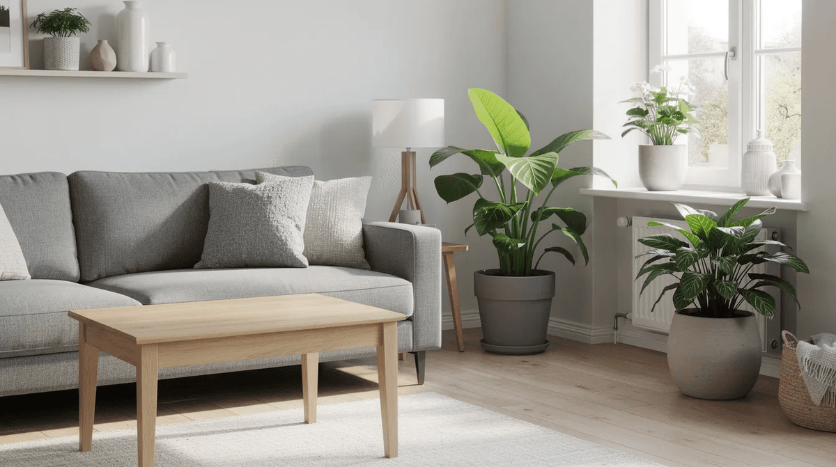 L'image montre un appartement moderne joliment meublé, avec un canapé gris confortable, une table en bois élégante et des plantes vertes ajoutant une touche de fraîcheur à l'intérieur. Cet espace de vie clé en main illustre parfaitement le mobilier contemporain et la décoration soignée, idéal pour une location à Paris.