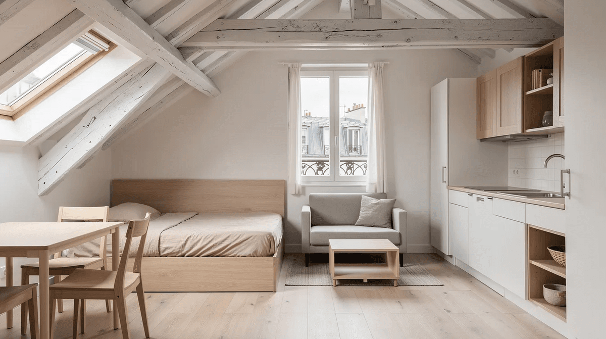 Cette image montre un petit studio parisien sous les toits, baigné de lumière naturelle, avec un ameublement fonctionnel et des meubles clairs. L'intérieur est bien agencé, offrant un espace de vie confortable et pratique pour une location saisonnière.