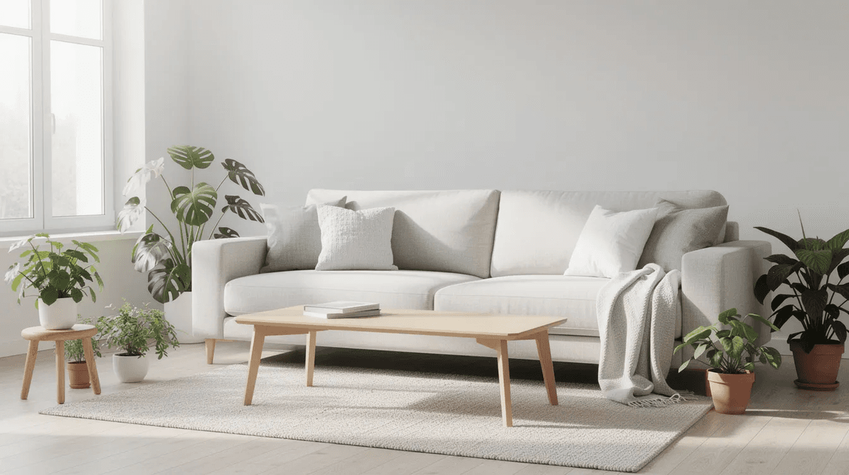 Cette image montre un salon au style scandinave, avec un canapé en tissu clair, une table basse en bois et des plantes vertes apportant une touche de nature. L'aménagement met en avant un mobilier moderne et confortable, idéal pour un logement clé en main.