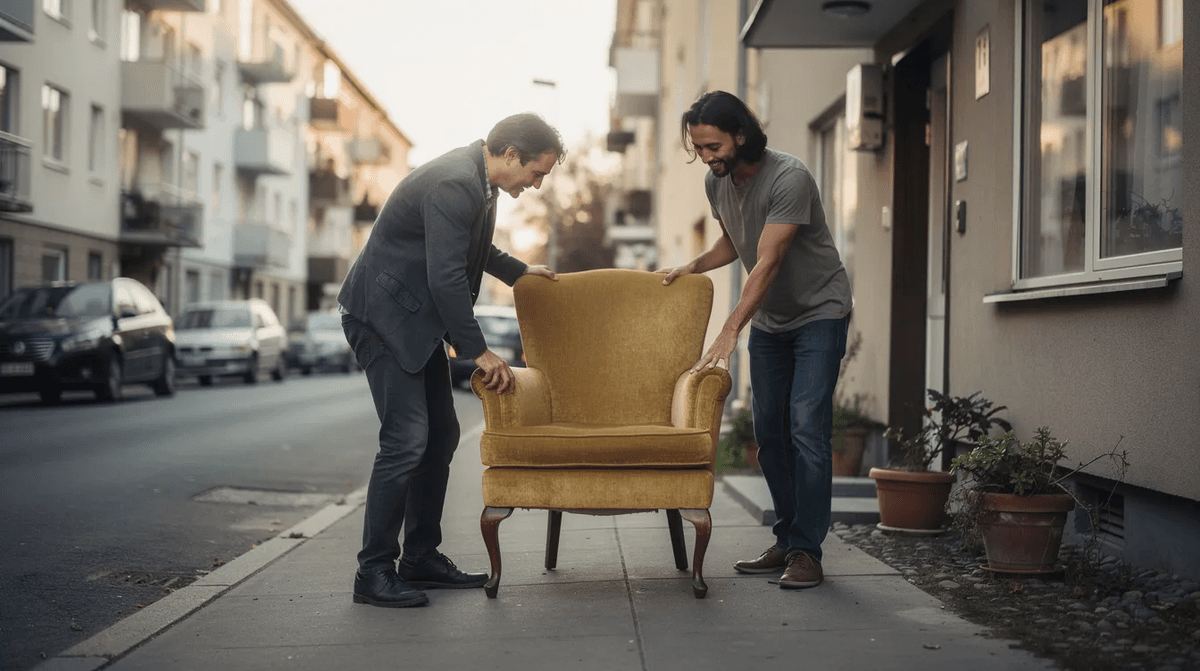 Deux personnes échangent un fauteuil vintage devant un immeuble résidentiel sur une rue calme, mettant en avant l'importance du mobilier dans l'aménagement de leur logement. Cette scène illustre le choix et le confort que l'on peut trouver dans la location de meubles pour une habitation à Paris.