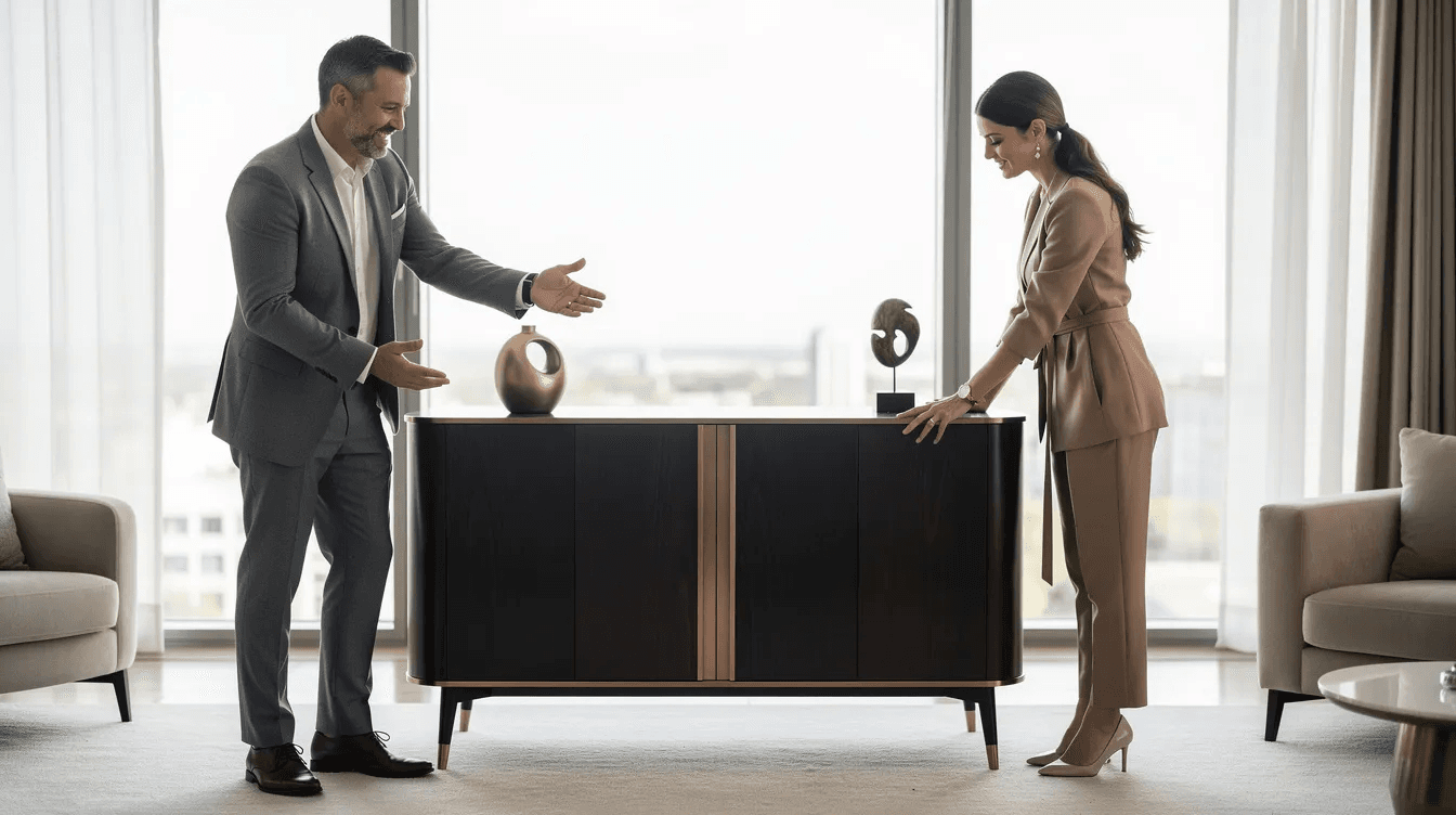 Conseiller présentant un meuble buffet design noir et doré à une cliente en bureau moderne.