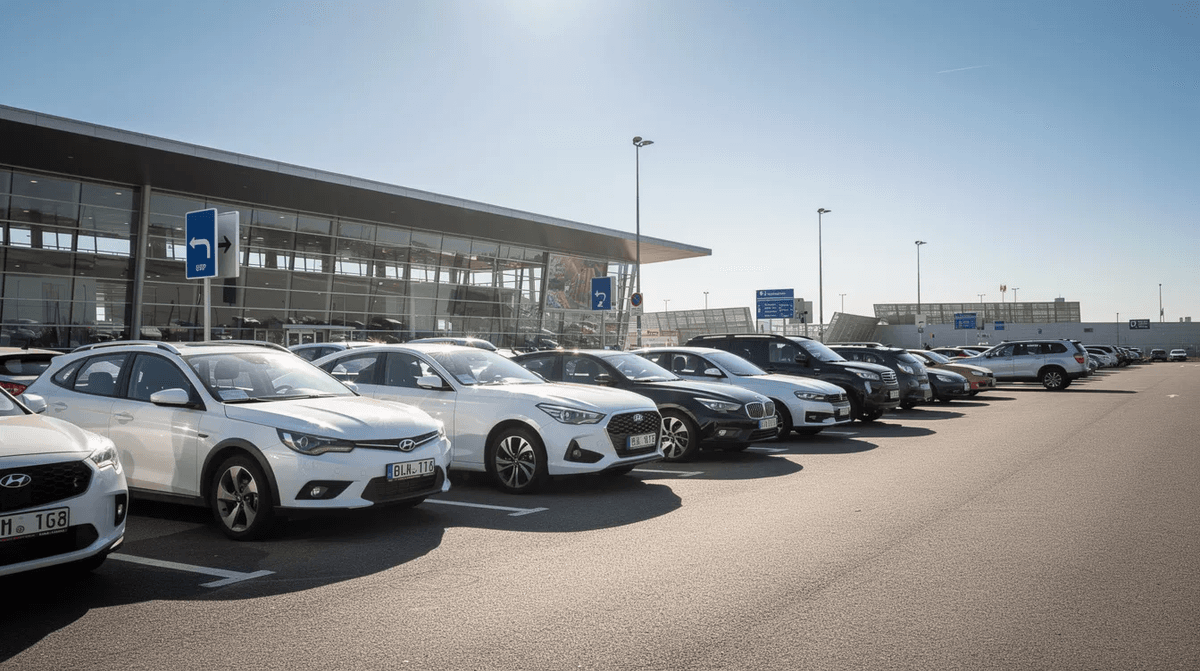 Un parking de location de voitures se trouve à côté d'un terminal d'aéroport, avec plusieurs véhicules alignés sous le soleil du midi, prêts à être loués pour explorer Montpellier et ses environs. Les voitures de location, allant des berlines aux utilitaires, offrent une option pratique pour les voyageurs souhaitant découvrir la région du Languedoc-Roussillon.