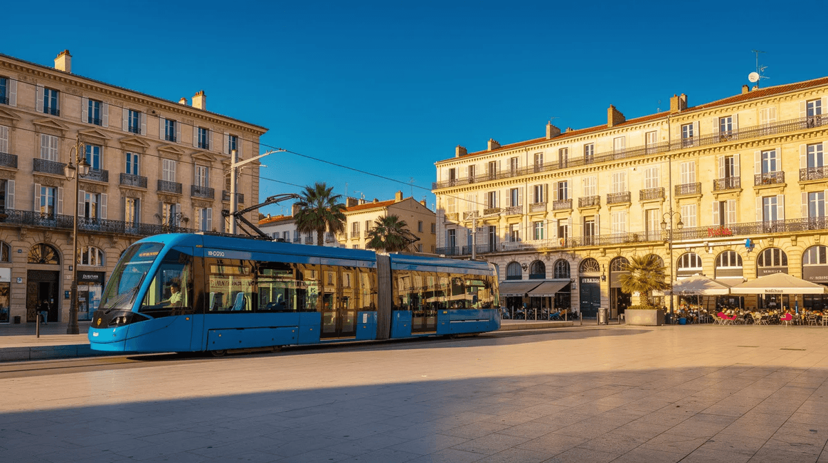 Un tramway bleu traverse une place ensoleillée à Montpellier, entourée d'immeubles historiques. En arrière-plan, on aperçoit des éléments typiques du centre-ville, évoquant l'architecture du Languedoc-Roussillon.