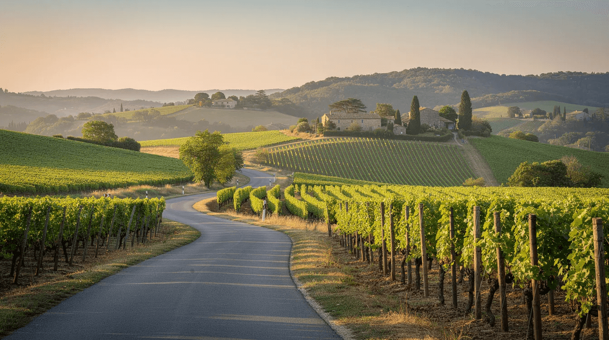 Une route sinueuse traverse des vignobles luxuriants, entourée de collines verdoyantes typiques du sud de la France. Ce paysage évoque une ambiance paisible, parfaite pour une aventure en voiture à Montpellier, où l'on peut explorer la beauté de la région Languedoc-Roussillon.