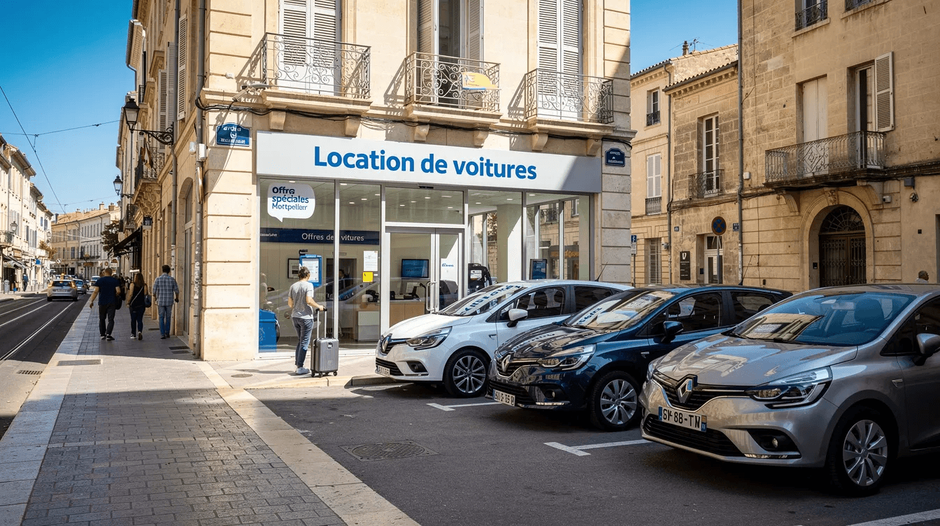 Agence de location de voitures en centre-ville de Montpellier, plusieurs Renault garées devant.