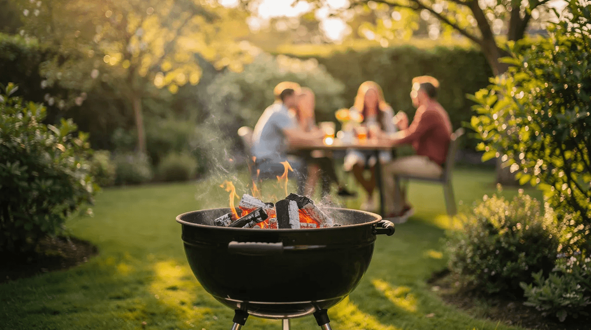 Un barbecue au charbon de bois est allumé dans un jardin verdoyant, dégageant une agréable fumée tandis que des convives profitent de l'événement en arrière-plan. L'atmosphère est conviviale, idéale pour des grillades en famille ou entre amis.