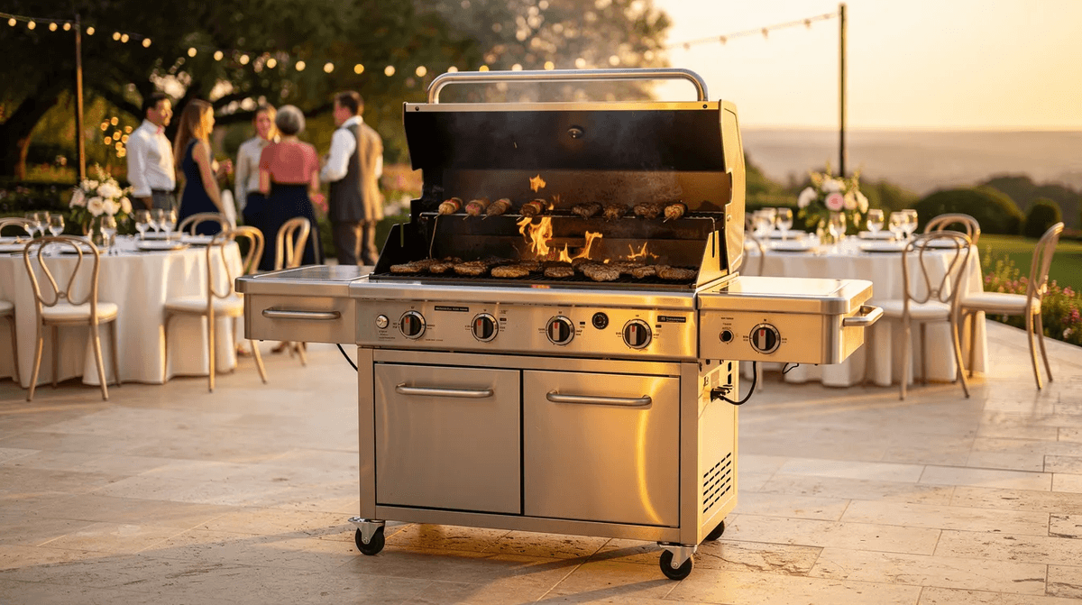 Un grand barbecue professionnel sur roulettes est installé en plein air, prêt à servir lors d'une réception. Cet appareil, idéal pour des événements en plein air, permet de cuisiner viandes et légumes en toute simplicité pour une soirée conviviale entre amis et famille.