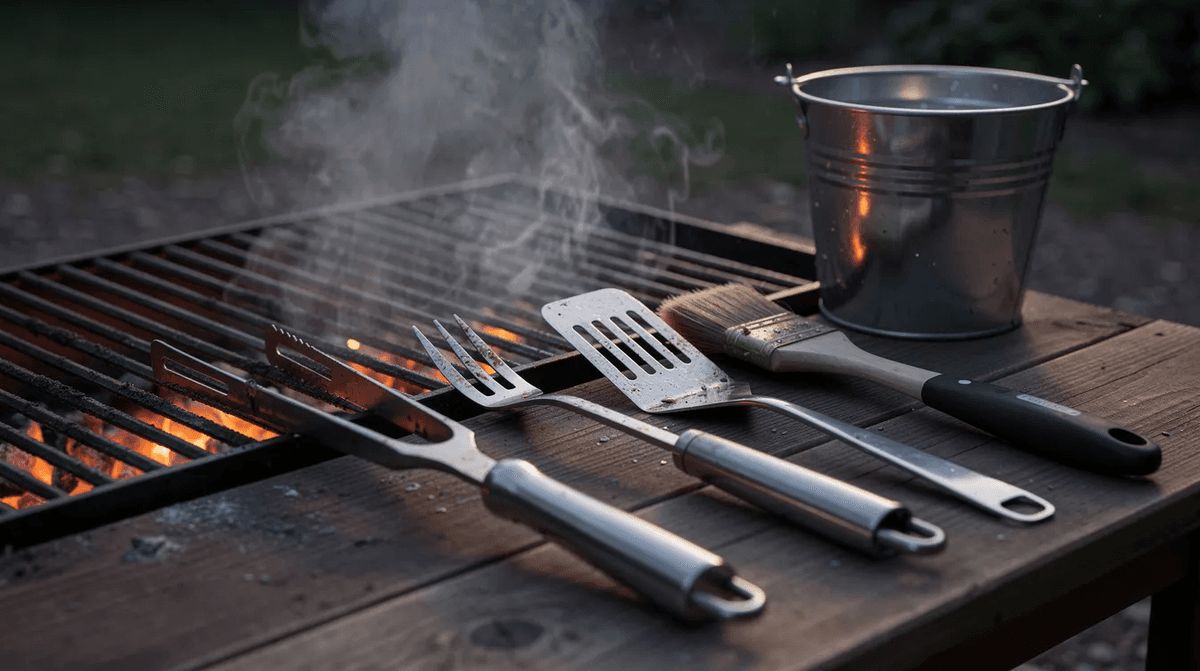Des ustensiles de barbecue sont disposés à côté de grilles fumantes, tandis qu'un seau d'eau est visible en arrière-plan, prêt à être utilisé pour maîtriser le feu. Cette scène évoque une ambiance conviviale pour des événements en plein air, idéale pour des soirées entre amis ou en famille.
