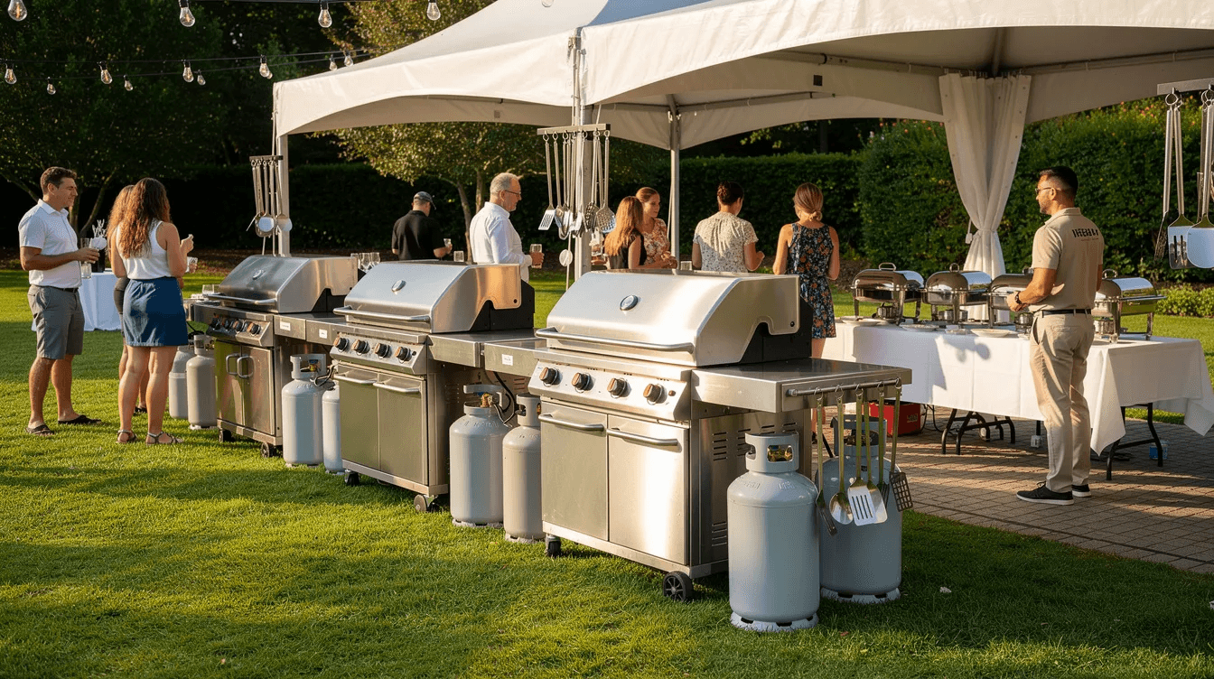 Plusieurs barbecues à gaz professionnels loués lors d'une réception en plein air sous tente.