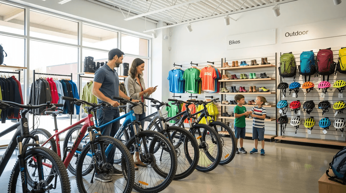 Une famille examine des vélos et du matériel sportif dans un magasin moderne et lumineux, chez Decathlon. L'ambiance est conviviale, avec des enfants curieux et des parents discutant des options d'équipement pour leurs aventures en plein air.