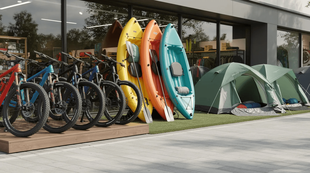 L'image montre un espace extérieur d'exposition chez Decathlon, où des vélos de montagne, des kayaks gonflables et des tentes de camping sont disposés côte à côte, offrant une variété d'équipements pour les activités de plein air. Cette présentation met en avant le matériel sportif disponible pour les aventures en famille ou entre amis.