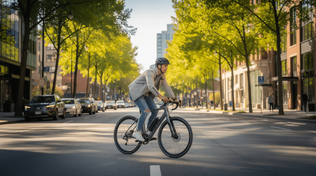 Un cycliste roule sur un vélo électrique à travers une avenue urbaine bordée d'arbres par une journée ensoleillée, illustrant ainsi la mobilité et le plaisir du sport en milieu urbain. Cette scène évoque l'expérience de louer un matériel sportif chez Decathlon pour profiter de l'aventure quotidienne.
