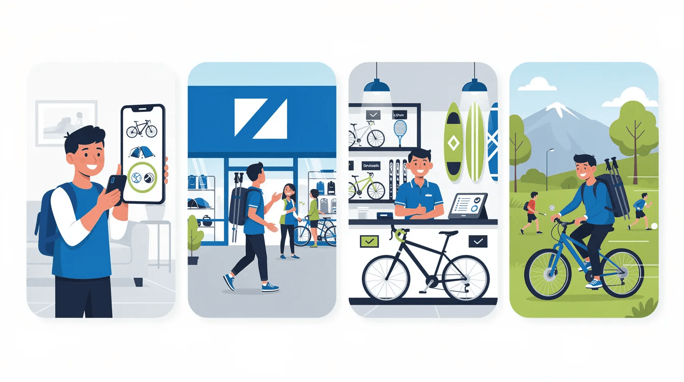 Quatre étapes du service Decathlon Location : app, magasin, retrait vélo, utilisation en plein air.