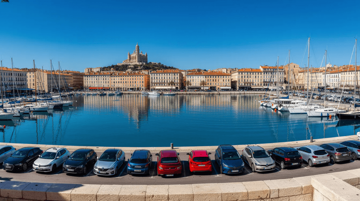 Une vue panoramique du Vieux-Port de Marseille montre des voitures garées le long du quai, sous un ciel bleu ensoleillé, offrant un cadre idéal pour la location de voitures lors de votre séjour dans cette ville du sud de la France. L'atmosphère animée du port, avec ses bateaux et ses paysages marins, attire les touristes et les habitants.