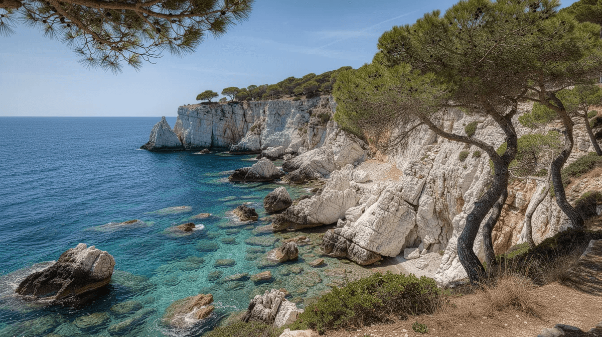 Le littoral rocheux des Calanques de Marseille est bordé d'une eau turquoise éclatante, tandis que des pins méditerranéens majestueux surplombent la mer, créant un paysage naturel à couper le souffle. Ce site est idéal pour ceux qui recherchent des moments de détente et de beauté pendant leur séjour à Marseille, avec la possibilité de louer une voiture pour explorer les environs.