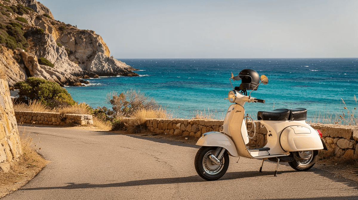 Un scooter est garé sur une petite route côtière en Corse, avec une vue imprenable sur la mer turquoise qui scintille au soleil. Cette scène évoque la liberté et le plaisir de découvrir la beauté de la France à deux roues.
