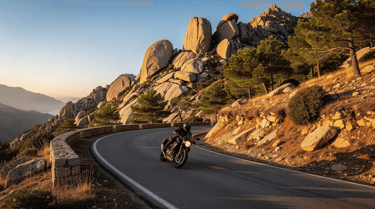 Un motard circule sur une route de montagne en Corse, entouré de pins et de rochers, symbolisant la liberté et le plaisir de conduire une moto. Cette scène évoque une expérience unique de location de deux roues au cœur de la nature française.