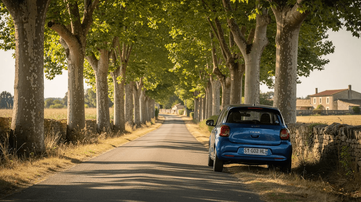 Une voiture compacte bleue est garée sur une route de campagne en France, entourée de platanes majestueux. Ce paysage évoque un moment de tranquillité et de confort, parfait pour un voyage ou du tourisme.
