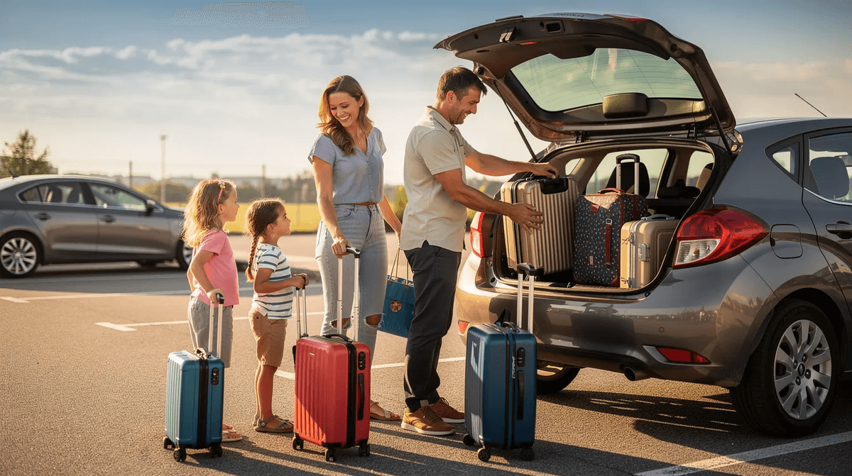 Une famille charge des valises dans le coffre d'une voiture compacte grise sur un parking ensoleillé, préparant leur voyage. L'action dégage une ambiance de vacances et de tourisme, tandis que le véhicule est bien visible sous le soleil.