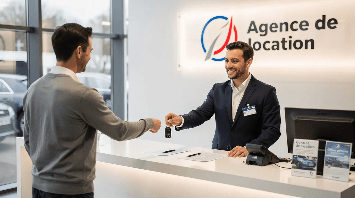 Un conseiller d'agence de location remet des clés de voiture à un client devant un comptoir. L'action se déroule dans un espace intérieur, où des informations sur les véhicules disponibles et les conditions de location sont visibles.