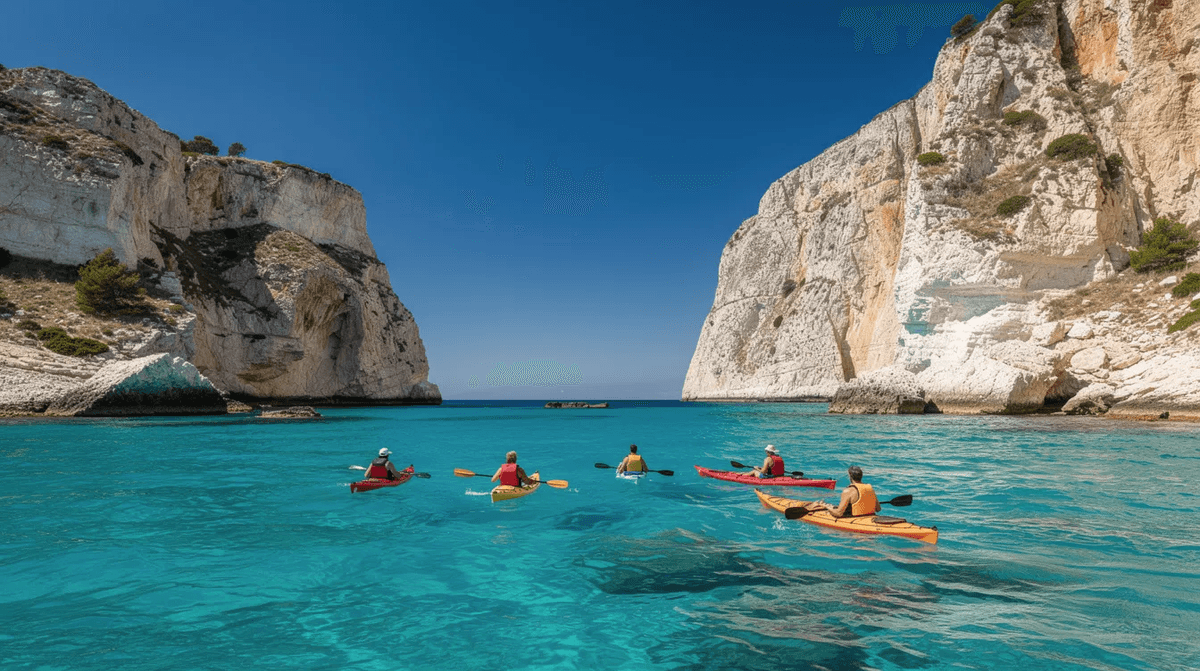 Des kayakistes pagaient sur une eau turquoise, entourés de falaises de calcaire méditerranéen sous un ciel bleu clair. Cette activité de canoë kayak offre une expérience unique au cœur de la nature, parfaite pour des sorties en famille ou entre amis.