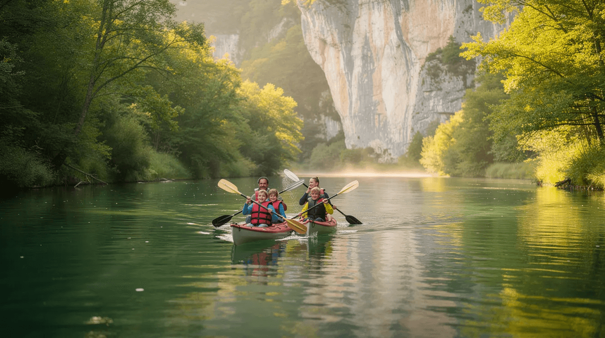 Une famille de quatre personnes fait du canoë kayak sur une rivière calme, entourée d'arbres luxuriants et de falaises de calcaire. Ce cadre naturel offre une belle expérience de navigation en pleine nature.