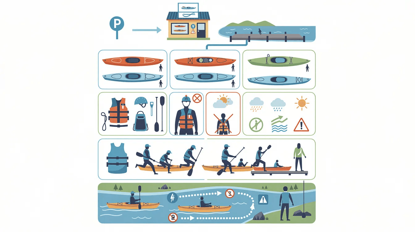 Infographie sur la location de kayak : équipements, sécurité, types de kayaks et règles de navigation.