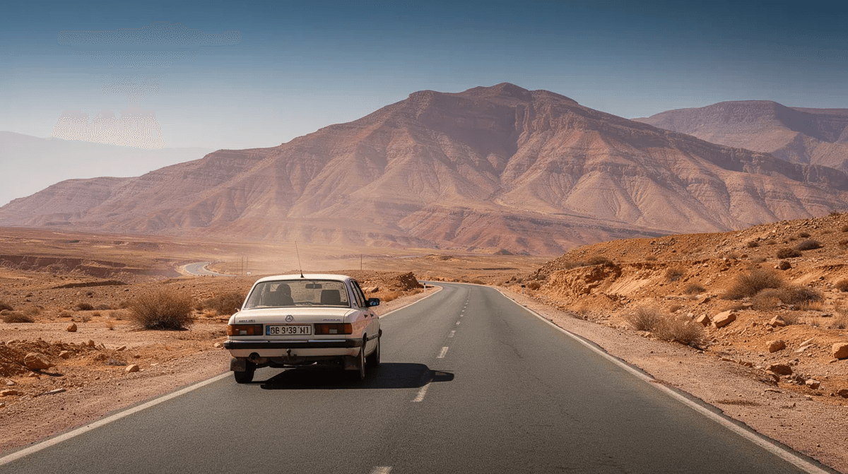 Une voiture de location roule sur une route marocaine, entourée de majestueuses montagnes de l'Atlas, sous un ciel bleu éclatant. Ce paysage enchanteur évoque la liberté d'explorer le Maroc, que ce soit en louant une voiture à Casablanca ou à Marrakech.