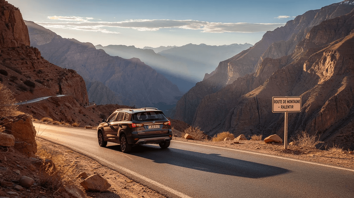 Un SUV roule sur une route de montagne sinueuse, entouré par les paysages majestueux du Haut Atlas marocain, offrant une vue panoramique sur les sommets. Cette image évoque l'expérience de location de voiture au Maroc, idéale pour explorer la beauté naturelle de la région.