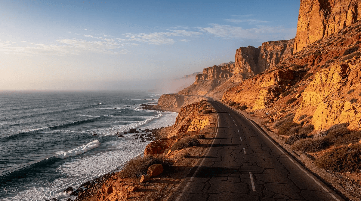 Une route côtière marocaine serpente le long de l'océan Atlantique, avec des falaises majestueuses d'un côté. Ce paysage offre une vue imprenable, idéale pour ceux qui souhaitent louer une voiture et explorer la beauté naturelle du Maroc.