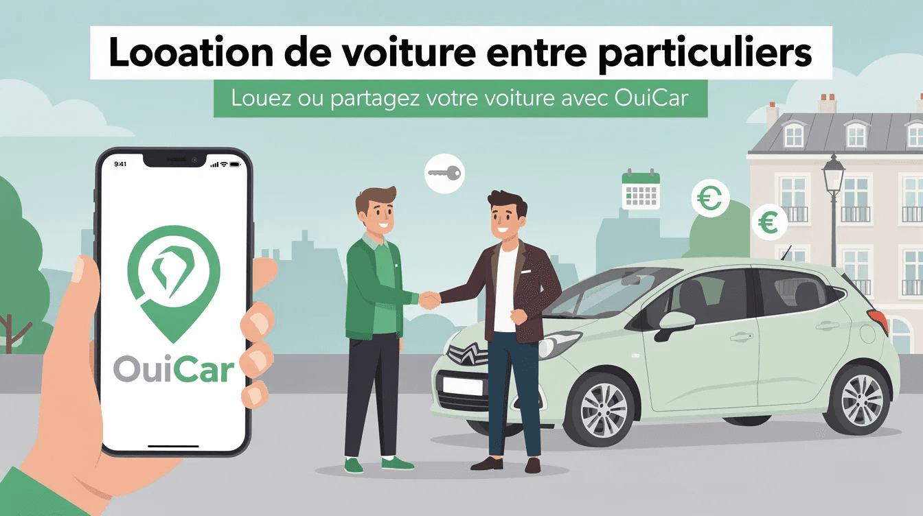 Location de voiture entre particuliers via l'application OuiCar, échange de clés entre deux personnes.