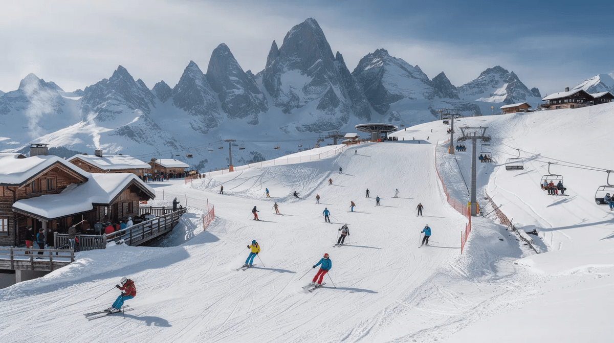 Une vue panoramique d'une station de ski dans les Alpes, montrant des skieurs en pleine descente sur des pistes enneigées, avec des montagnes majestueuses en arrière-plan. Cette scène évoque l'esprit des sports d'hiver et la beauté des destinations de ski.