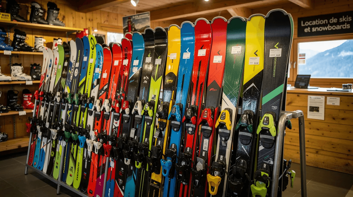 Une rangée de skis et de snowboards colorés est soigneusement alignée dans un magasin de location de matériel de sport en montagne, prête à satisfaire les envies des skieurs et snowboardeurs pour la saison des sports d'hiver. Ce magasin, situé au cœur d'une station de ski, propose une large sélection d'équipements de qualité pour tous les niveaux.