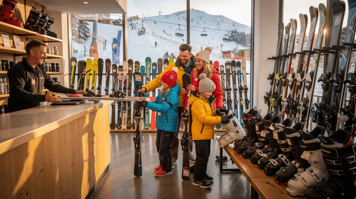 Une famille souriante récupère des skis et des chaussures de ski dans un magasin de location situé au pied des pistes, prête à profiter de la saison des sports d'hiver. L'ambiance est conviviale, et le service client est attentif aux besoins des clients.