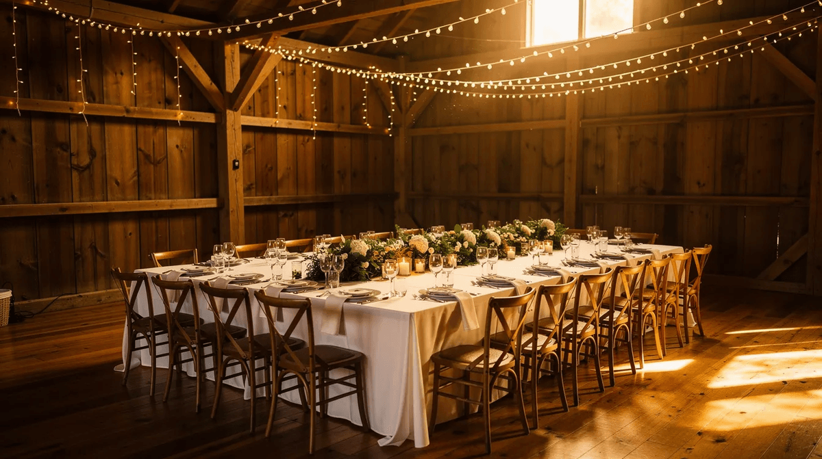 Une longue table de réception élégamment dressée, ornée de nappages raffinés et de vaisselle délicate, se trouve dans une grange rénovée, éclairée par des guirlandes lumineuses suspendues au plafond, créant une ambiance chaleureuse pour un mariage ou un événement spécial. Les chaises assorties complètent la décoration, offrant une expérience mémorable aux invités.
