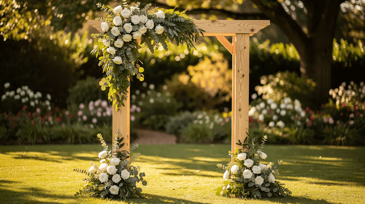 Une arche de cérémonie en bois ornée de roses blanches et de feuillage vert se dresse dans un jardin ensoleillé, créant une ambiance romantique idéale pour un mariage. Cet espace décoré est parfait pour accueillir des événements mémorables, avec un matériel de qualité pour sublimer la cérémonie.