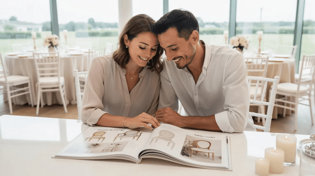 Un couple souriant consulte un catalogue de mobilier de mariage dans un showroom lumineux, entouré d'éléments de décoration élégants et de chaises raffinées, illustrant les options de location de matériel pour leur événement. L'ambiance est accueillante, reflétant le professionnalisme et l'expertise des conseillers en mariage.