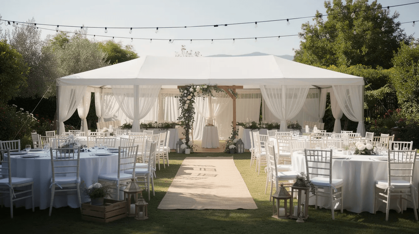 Tente de réception blanche avec tables rondes et chaises chiavari pour mariage en plein air