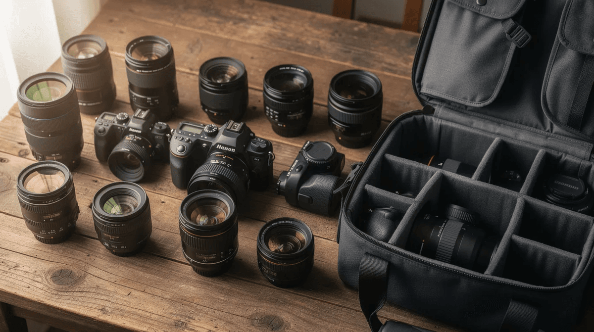 L'image montre un ensemble de boîtiers photo et d'objectifs soigneusement disposés sur une table en bois, à côté d'un sac photo ouvert, prêt à accueillir du matériel photo pour diverses prises de vue. Cette composition évoque un environnement de travail créatif, idéal pour les photographes professionnels et amateurs.