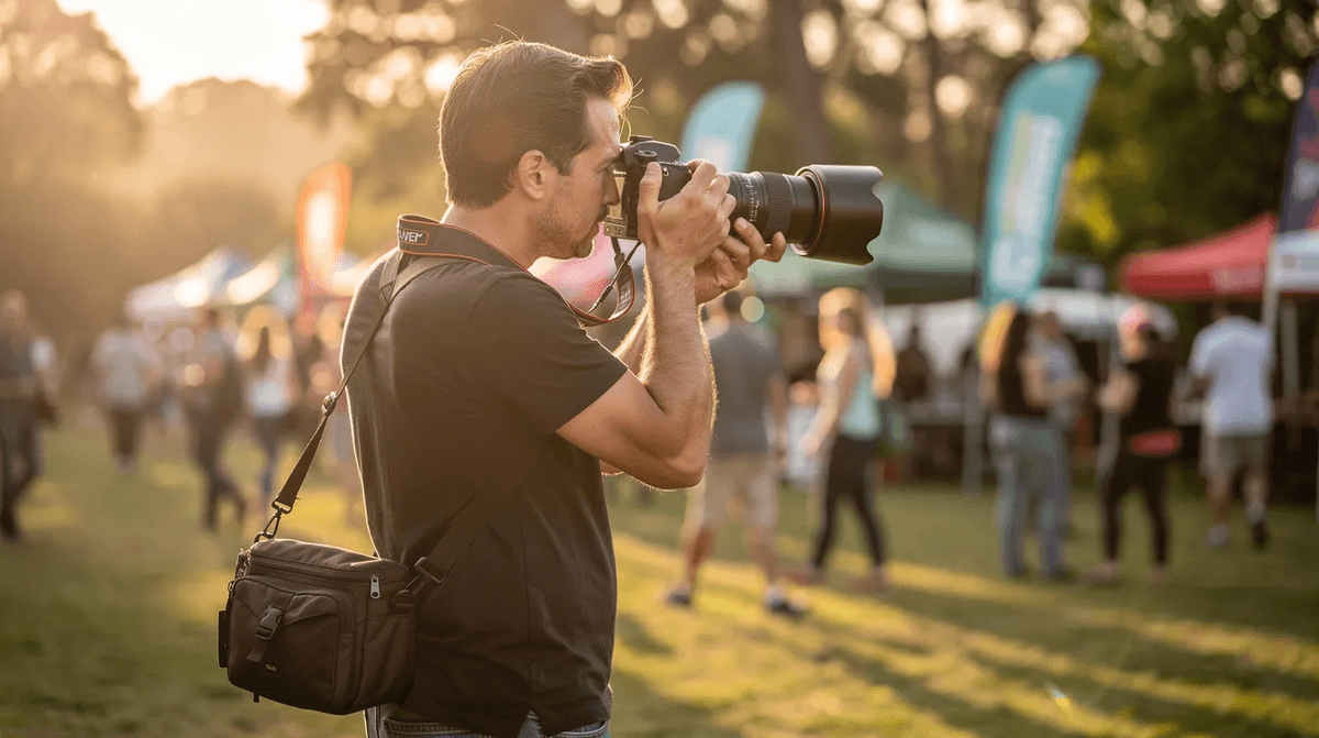 Un photographe en pleine action capture des moments lors d'un événement en plein air, utilisant un boîtier hybride et un téléobjectif. Il est entouré d'une foule, mettant en valeur son matériel photo tout en se concentrant sur ses prises de vue.