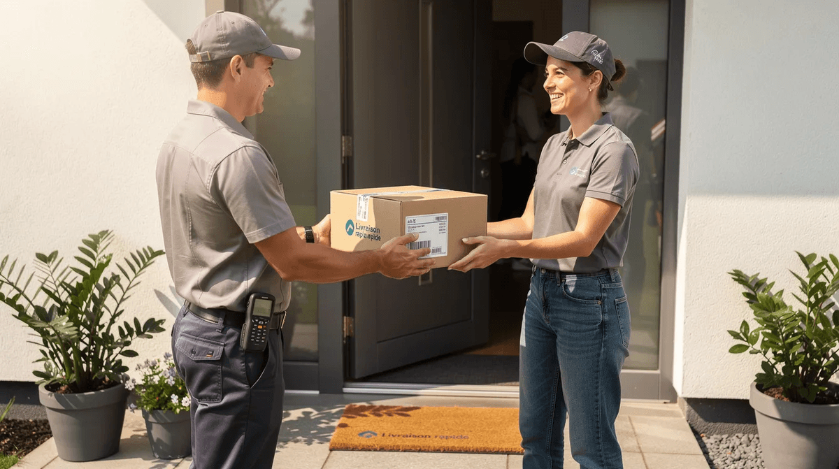 Une personne reçoit un colis de livraison devant la porte de son domicile, tenant une pièce d'identité à la main. Le livreur, en uniforme, lui remet le paquet avec un sourire, illustrant un moment de service de livraison efficace.
