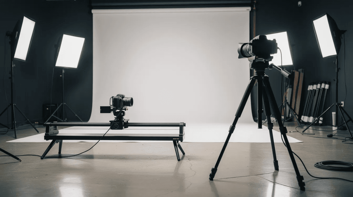 L'image montre un studio photo professionnel équipé d'éclairages LED, d'un trépied et d'un boîtier monté sur un slider vidéo, idéal pour des prises de vue de haute qualité. Ce matériel photo est parfait pour les photographes et les sociétés de production souhaitant réaliser des projets ambitieux.