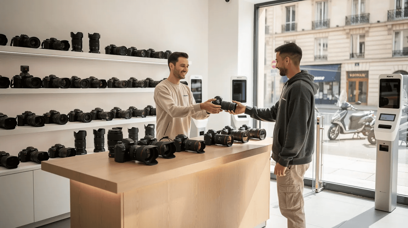 Vendeur remettant un appareil photo reflex à un client dans une boutique parisienne.