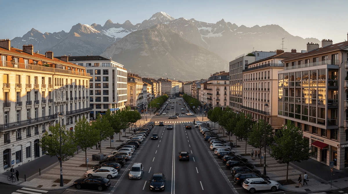 Une vue panoramique de Grenoble montre les majestueuses montagnes des Alpes en arrière-plan, avec des voitures garées le long d'un boulevard animé du centre-ville. Cette image évoque la location de voitures à Grenoble, offrant un aperçu du cadre urbain et montagnard de la ville.