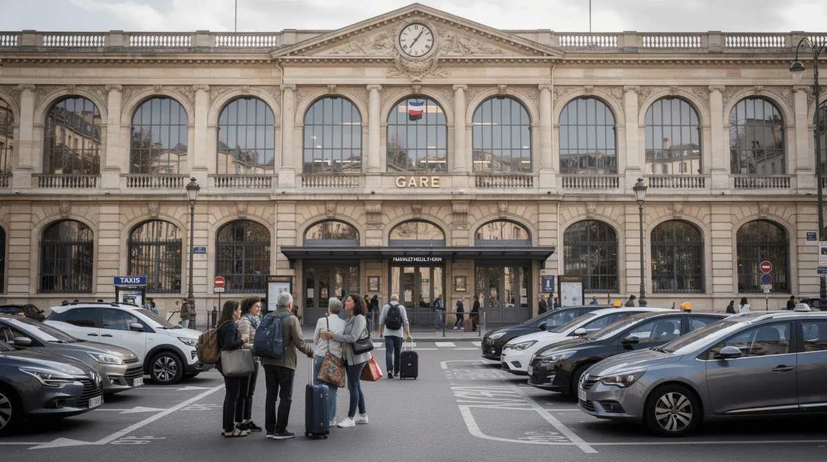 La façade de la gare de Grenoble est animée avec des voyageurs sortant, tandis que plusieurs voitures de location sont garées sur le parvis, offrant un service pratique pour ceux qui souhaitent explorer le centre-ville et les Alpes. L'ambiance est dynamique, avec des personnes se dirigeant vers leurs véhicules ou la gare, symbolisant le départ pour un voyage d'affaires ou des vacances.
